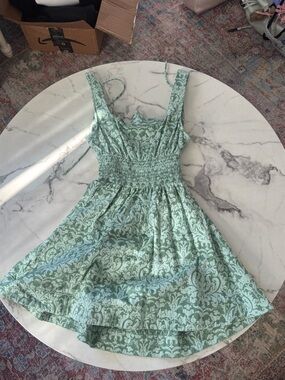 Hill House Mint Green Damask Smocked Mini Dress